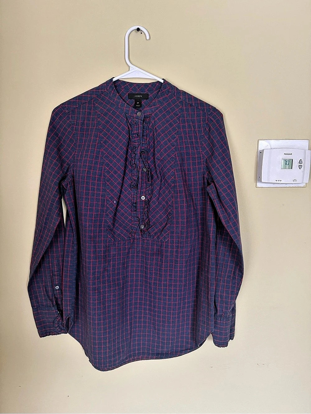J.Crew Blue Red Windowpane Plaid Ruffle Popover Shirt women 4T